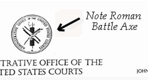 Closeup of logo of Administrative Office of the United States Courts, note Roman Battle Axe motif.